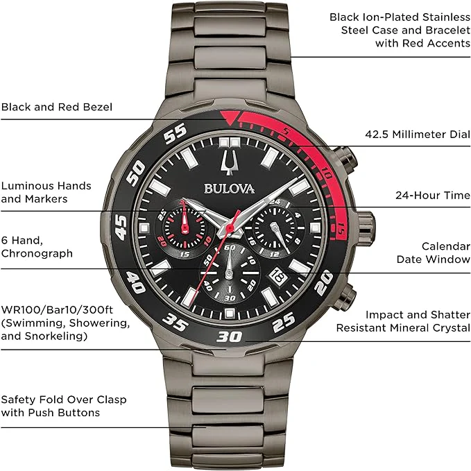 Bulova by Citizen Men's Classic Sport Black Ion Plated Stainless Steel 6 Hand Chronograph Quartz Watch : 98B365 - Image 5