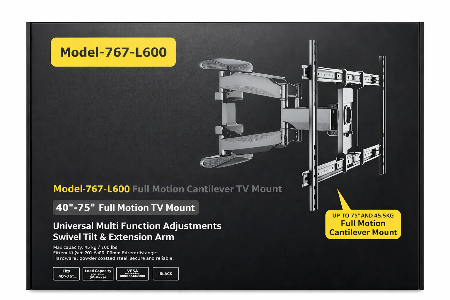 40-75 inch Full Motion TV Wall Mount Dual Articulating Arms up to 100 lbs and Max VESA 600 x 400mm, Wall Mount TV Bracket Swivel and Tilt Black (Model-767-L600) - Image 14
