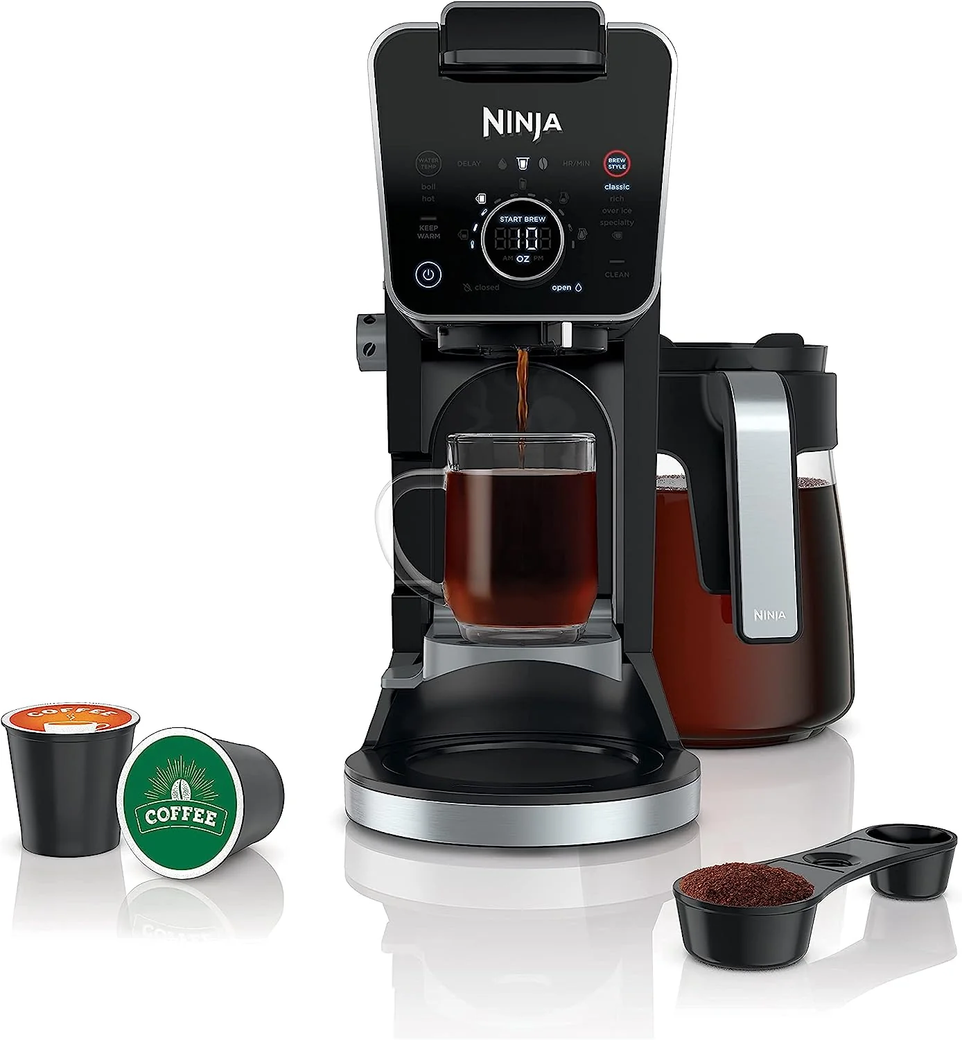 Ninja CFP301 DualBrew Pro Specialty 12-Cup Drip Maker with Glass Carafe, Single-Serve for Coffee Pods or Grounds, with 4 Brew Styles, Frother & Separate Hot Water System, Black