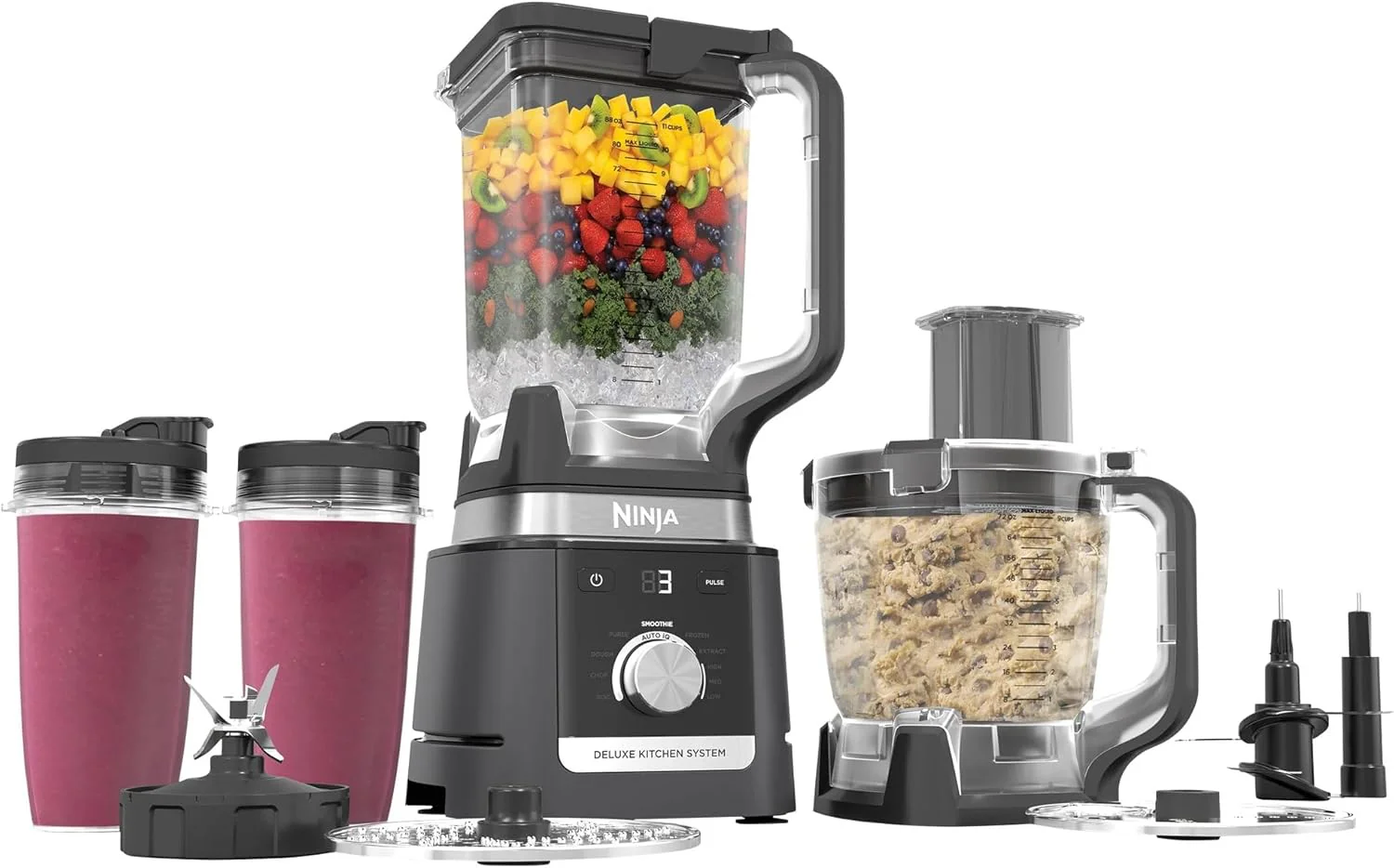 Ninja CO905KS Deluxe Kitchen System, 1600 WP Auto-IQ Base, 88-oz. Picther, 9-cup Deluxe Food Processor, (2) 24-oz. Single-Serve Cups