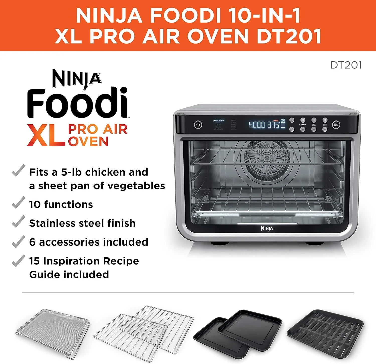 NINJA DT201 Foodi 10-in-1 XL Pro Air Fry Digital Countertop Convection Toaster Oven with Dehydrate and Reheat, 1800 Watts, Stainless Steel Finish - Image 2