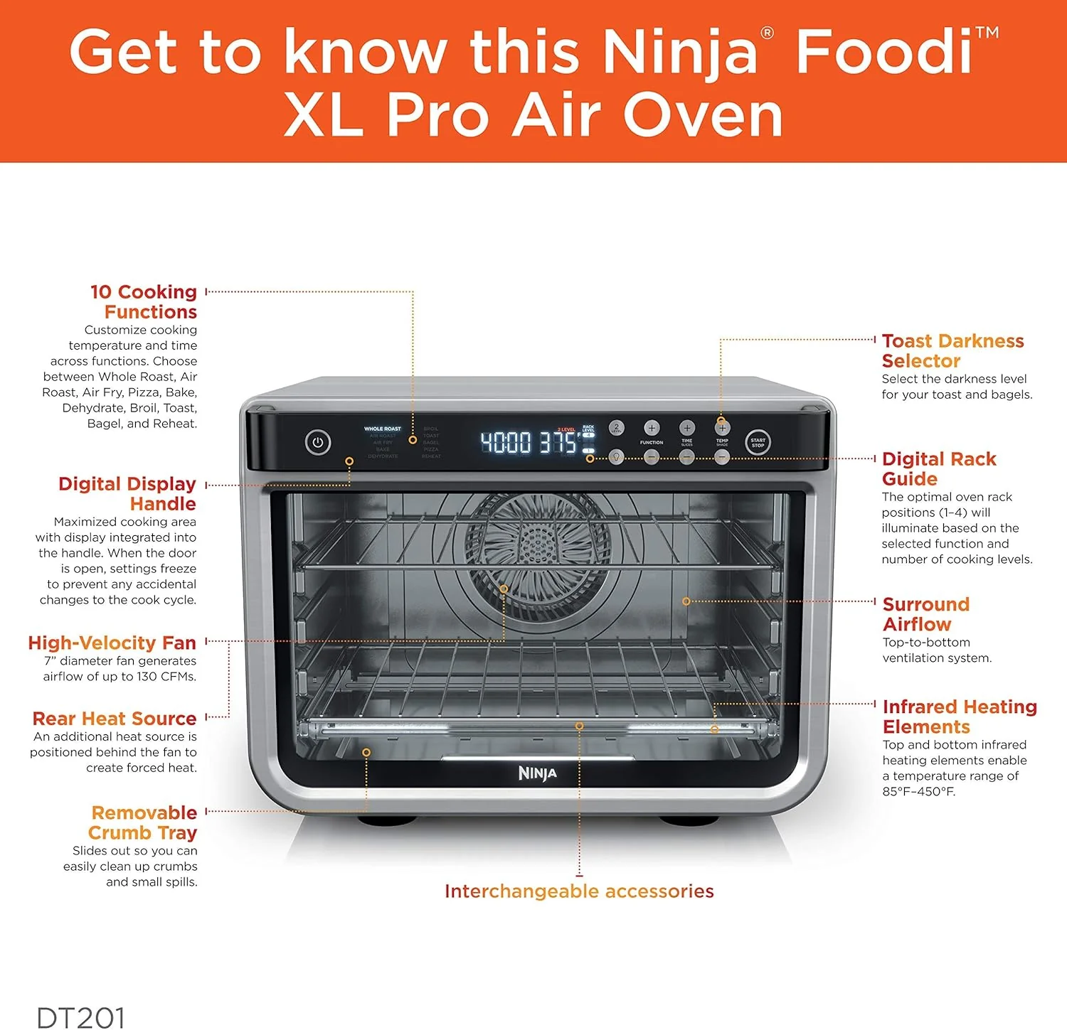 NINJA DT201 Foodi 10-in-1 XL Pro Air Fry Digital Countertop Convection Toaster Oven with Dehydrate and Reheat, 1800 Watts, Stainless Steel Finish - Image 8