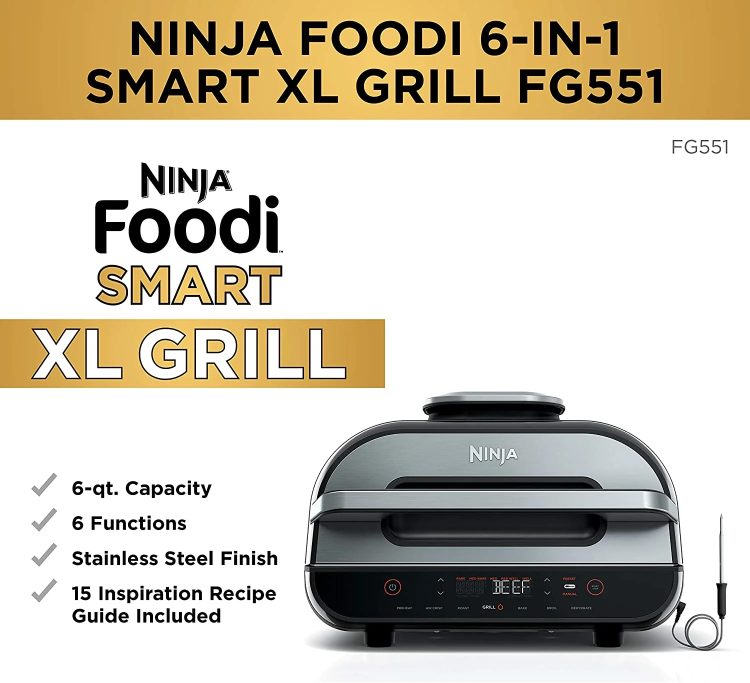 Ninja FG551 Foodi Smart XL 6-in-1 Indoor Grill with Air Fry, Roast, Bake, Broil & Dehydrate, Smart Thermometer (FG551) - Image 2