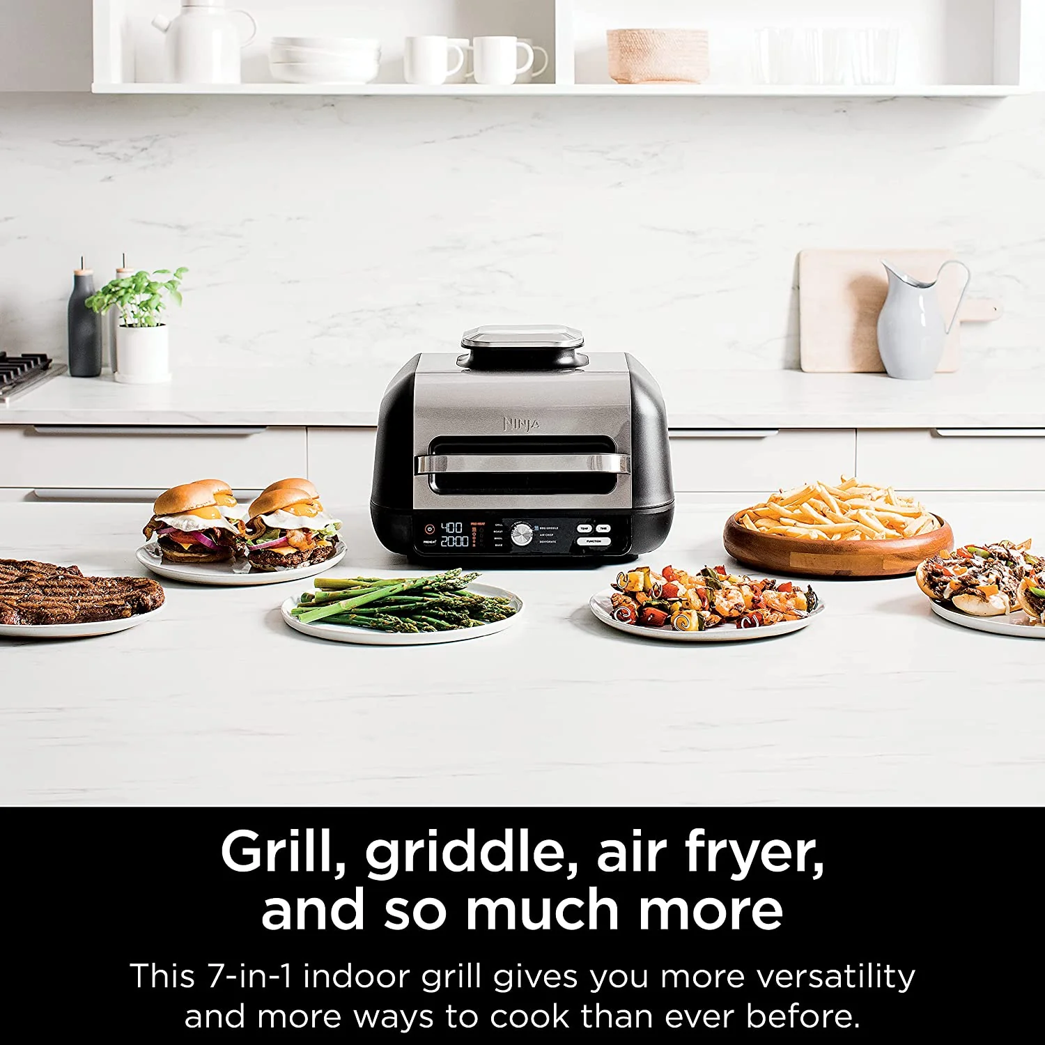 Ninja IG601 Foodi XL 7-in-1 Indoor Grill Combo, use Opened or Closed, Air Fry, Dehydrate & More, Pro Power Grate, Flat Top Griddle, Crisper, Black, 4 Quarts (IG601) - Image 2