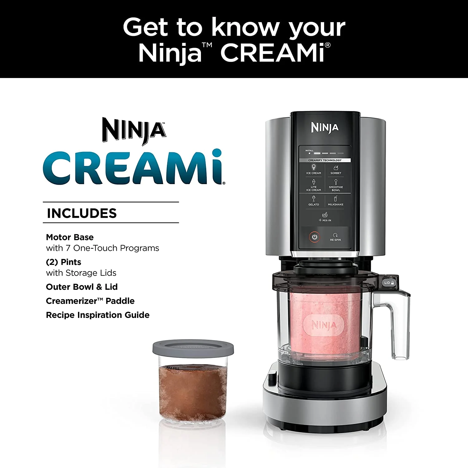 Ninja NC301 CREAMi Ice Cream Maker, for Gelato, Mix-ins, Milkshakes, Sorbet, Smoothie Bowls & More, 7 One-Touch Programs, with (2) Pint Containers & Lids, Compact Size, Perfect for Kids, (NC301) - Image 2